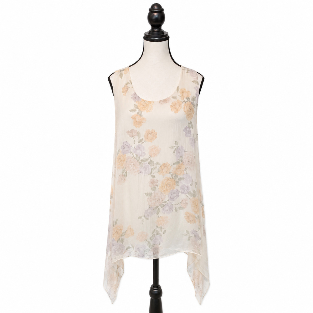 Giusy Blouse Womens Size Medium White Floral Print 100% Silk Asymmetrical Lined